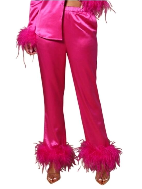 Fashion Nova Pants - Fashion Nova Luxe Womens Pink Destiny Satin Feather High Rise Pants Size Medium